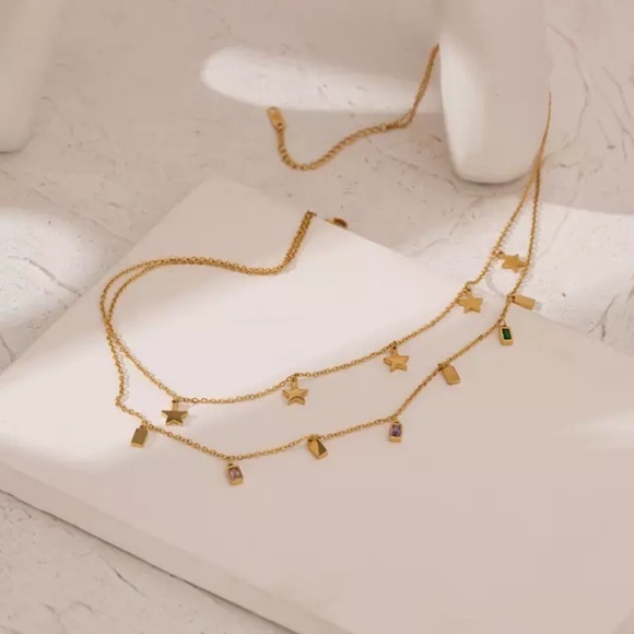 18K Gold Plated Stars and Cubic Zirconia Layered Charm Necklace - Picture 3 of 10